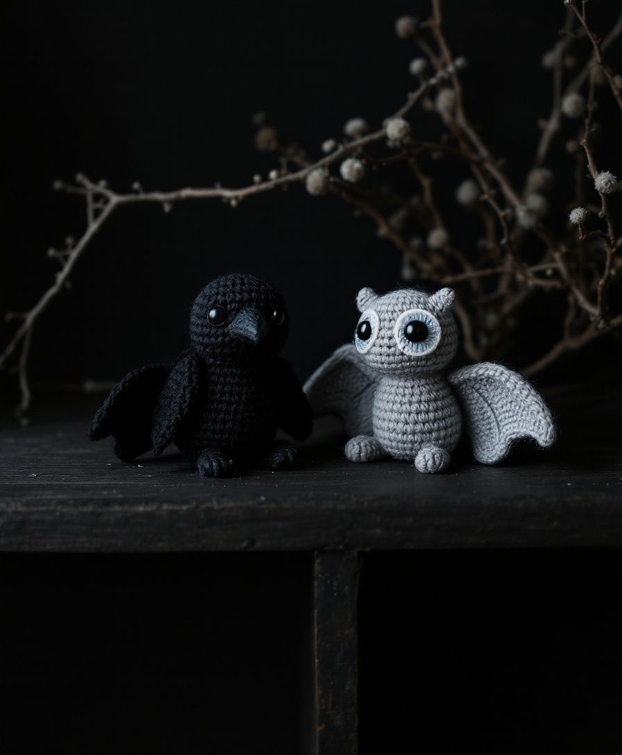 Small hand-crocheted amigurumi creatures — a black raven and a pale moth — on a dark wooden shelf beside dried branches.