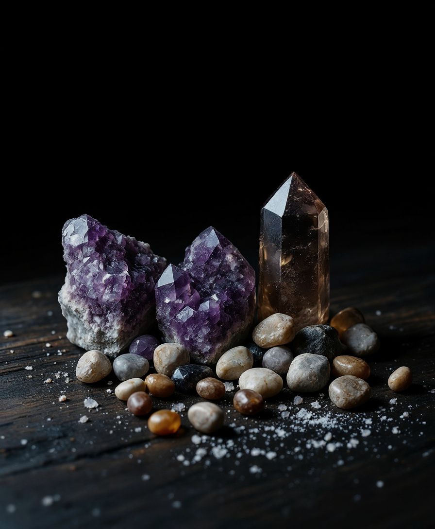 Raw amethyst and smoky quartz points beside polished tumbled stones on dark weathered wood.