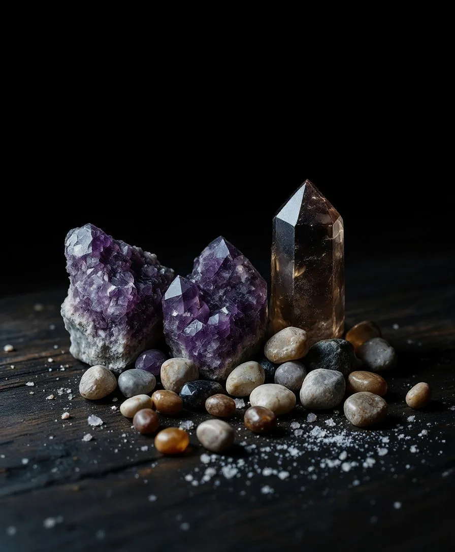 Raw amethyst and smoky quartz points beside polished tumbled stones on dark weathered wood.