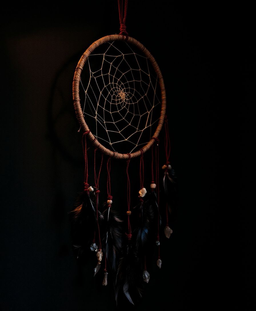 A handmade dreamcatcher with dark feathers, red thread and small raw crystals, hanging against a near-black wall.