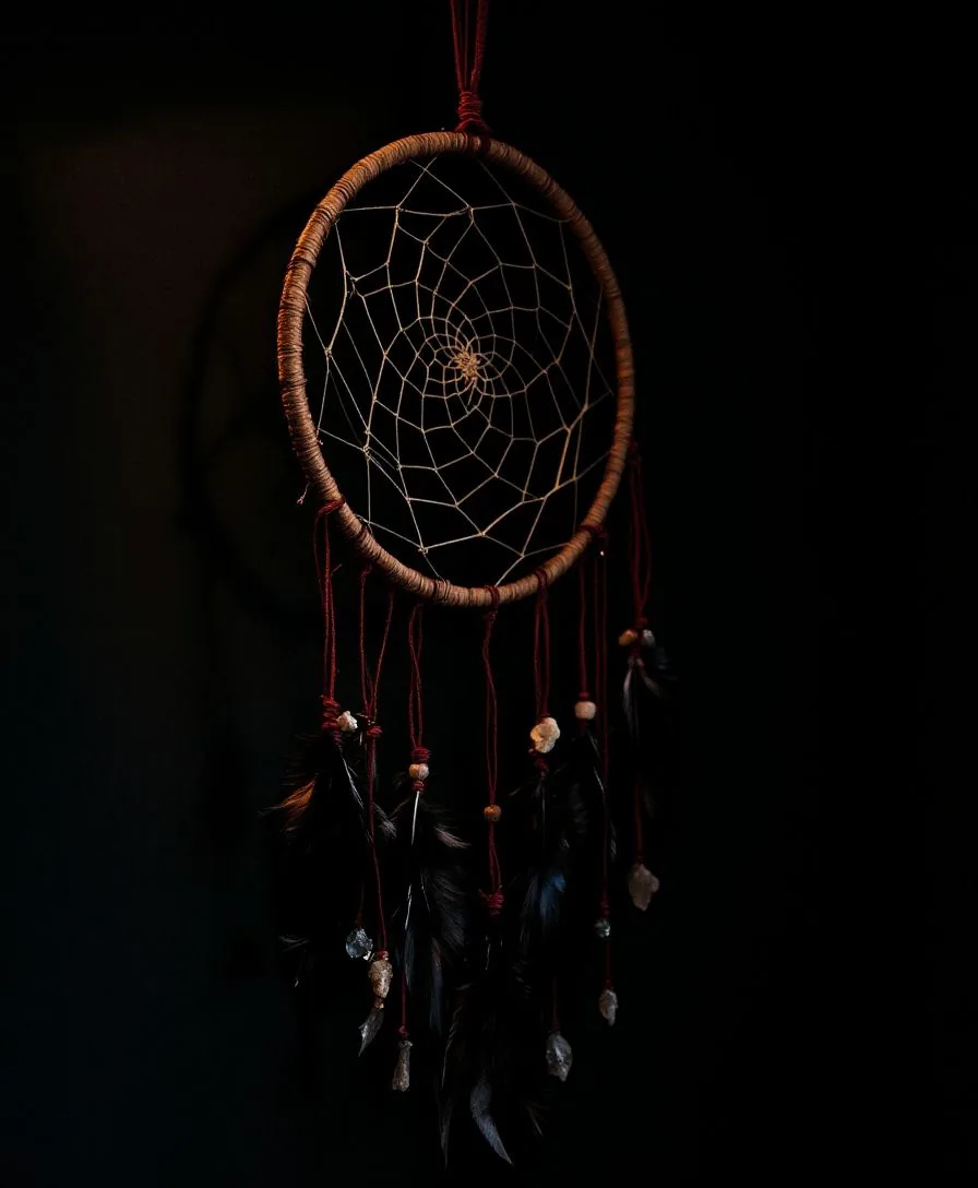 A handmade dreamcatcher with dark feathers, red thread and small raw crystals, hanging against a near-black wall.