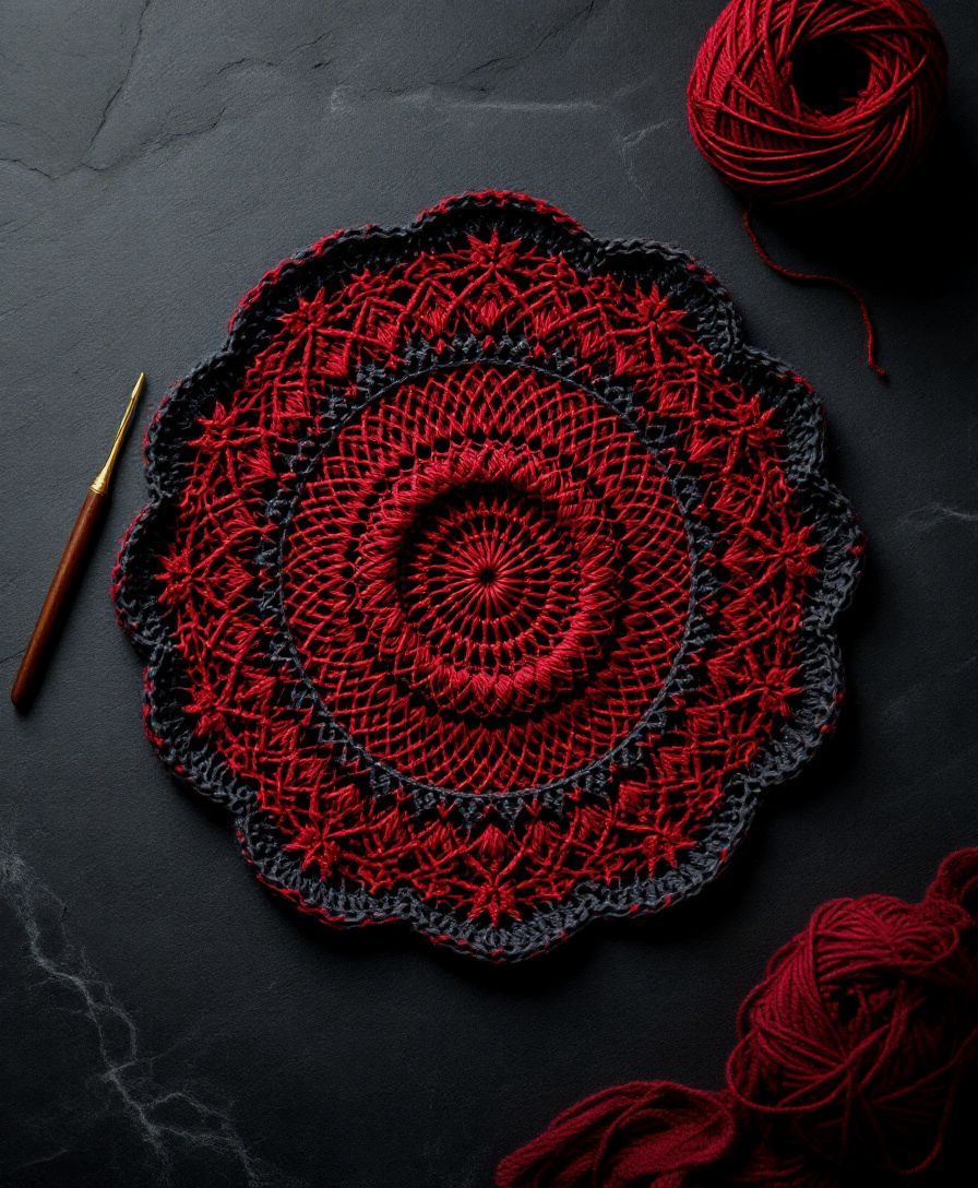 A hand-crocheted mandala in oxblood and charcoal wool laid flat on dark slate, with a hook and a ball of red yarn.