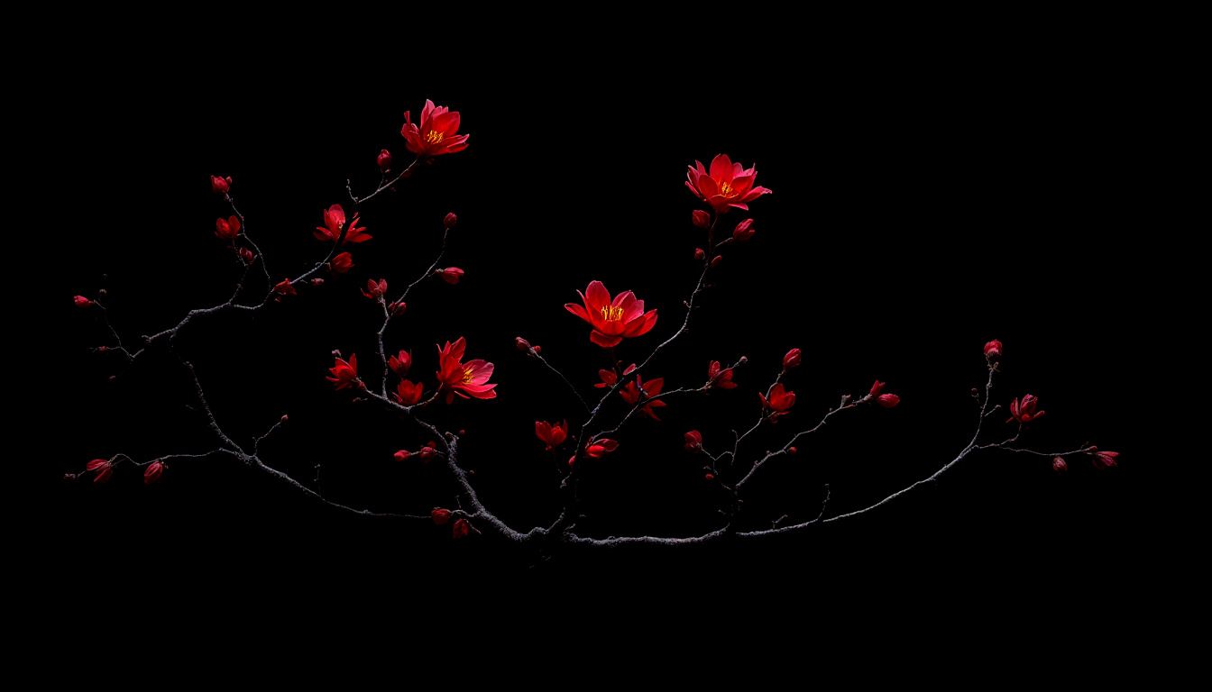 Dark branches carrying sparse crimson blossoms against a black background.