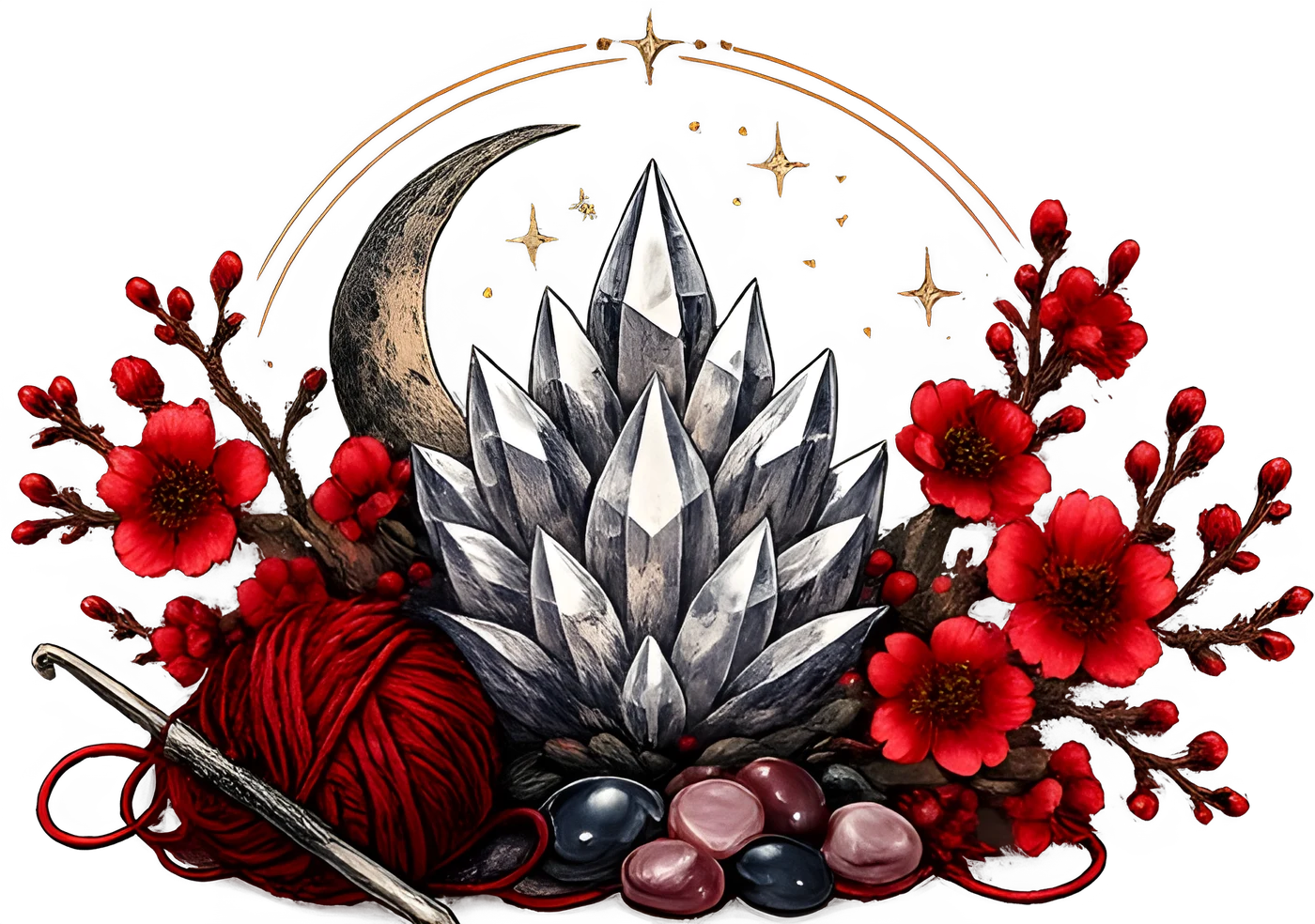 The Strands & Stone mark: a cluster of quartz crystals beneath a crescent moon, framed by crimson blossom, a ball of red yarn and a crochet hook.