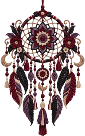 An ornate dreamcatcher illustration: a woven web inside a beaded ring, hung with crescent moons, feathers and deep-red tassels.
