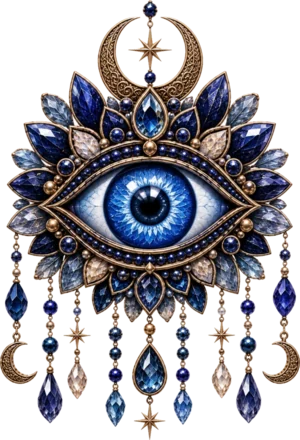 An Evil Eye amulet illustration: a blue and white eye set in gold and lapis-toned petals, hung with teardrop beads and crescent moons.