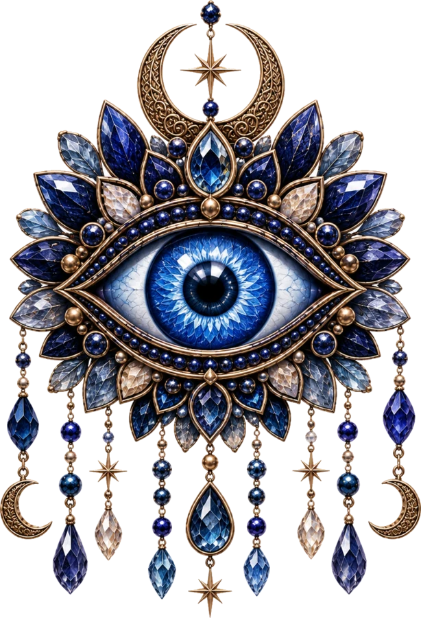 An Evil Eye amulet illustration: a blue and white eye set in gold and lapis-toned petals, hung with teardrop beads and crescent moons.