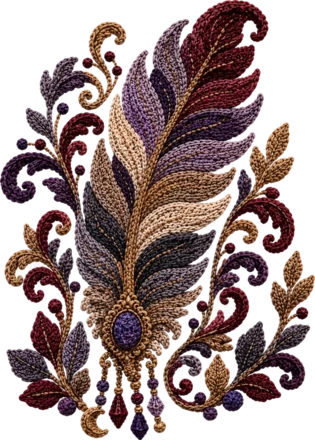 An ornate feather illustration worked in amethyst, gold and oxblood, framed by curling leaves and small beads.