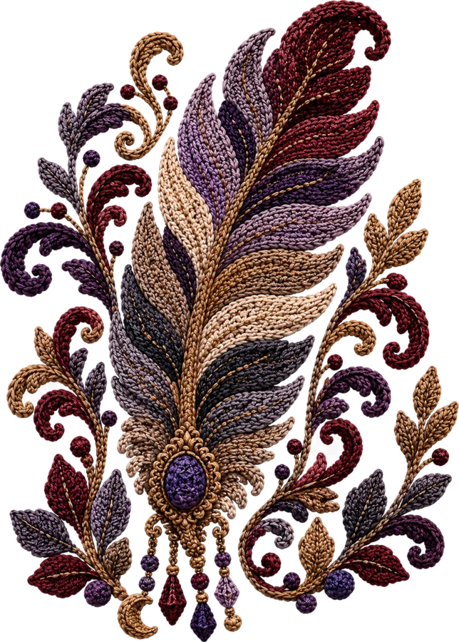 An ornate feather illustration worked in amethyst, gold and oxblood, framed by curling leaves and small beads.