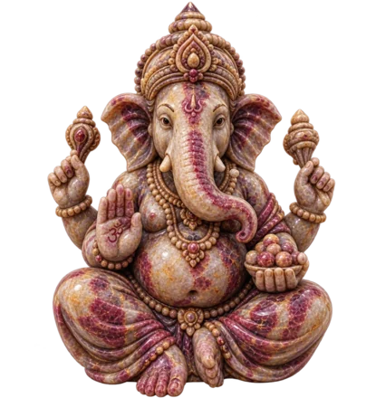 An illustration of the Hindu deity Ganesha, elephant-headed and seated, patterned in soft rose and gold tones.