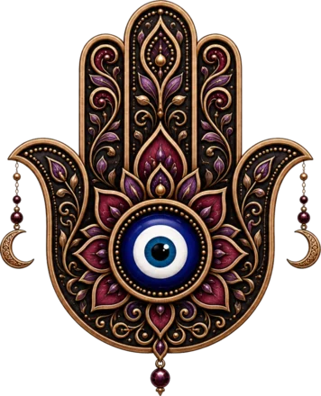 A Hamsa hand illustration outlined in gold, filled with rose and oxblood ornament around a central blue eye.