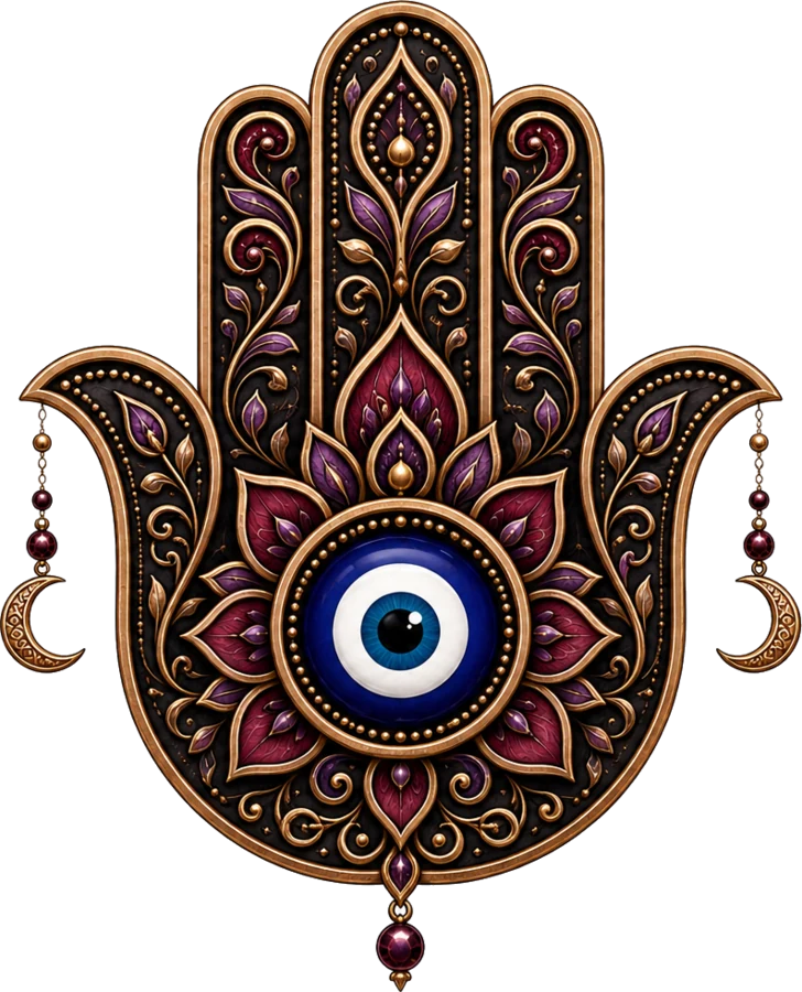 A Hamsa hand illustration outlined in gold, filled with rose and oxblood ornament around a central blue eye.