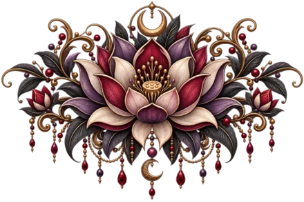 A lotus flower illustration opening at the centre of gold scrollwork and a crescent moon, in rose, cream and deep red.