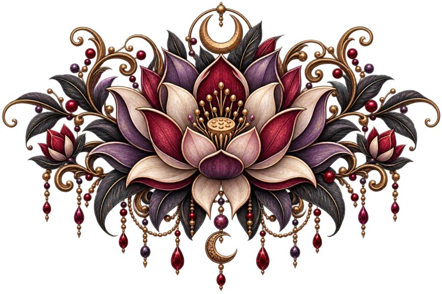 A lotus flower illustration opening at the centre of gold scrollwork and a crescent moon, in rose, cream and deep red.