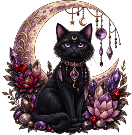 An illustration of a black cat seated before a decorated crescent moon, surrounded by lotus blooms and amethyst crystals.