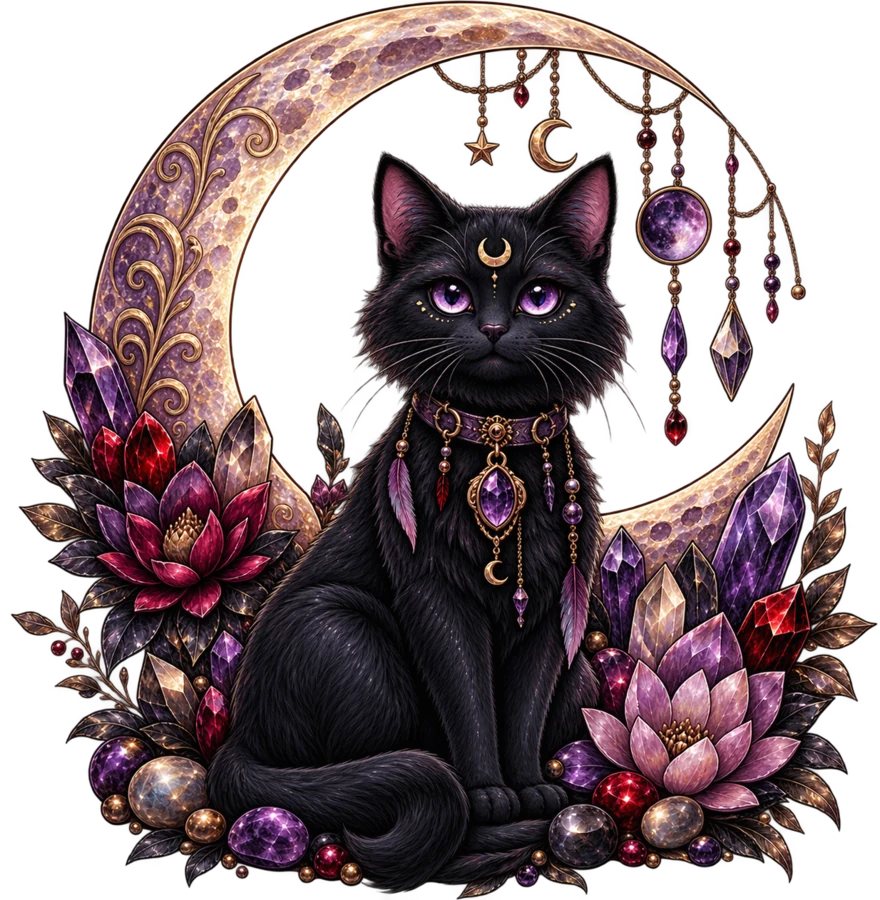 An illustration of a black cat seated before a decorated crescent moon, surrounded by lotus blooms and amethyst crystals.