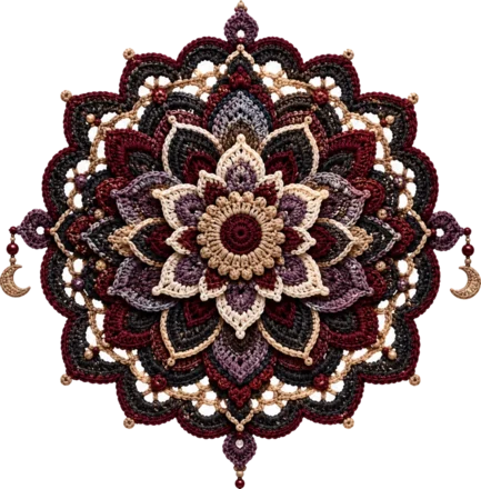 A richly patterned mandala illustration worked in oxblood, gold and cream, radiating outward in concentric geometric rings.