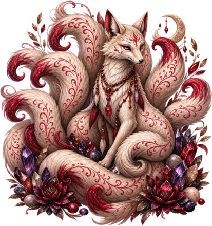 A nine-tailed fox illustration curled among blossoms and crystals, its many tails fanning out in pale rose and crimson.