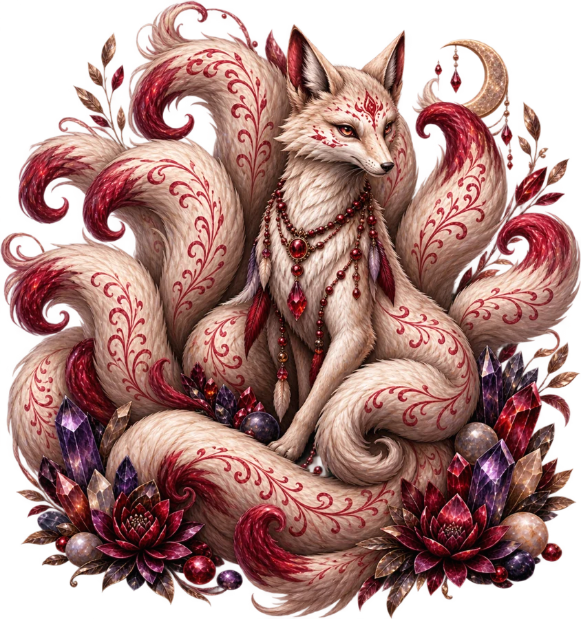 A nine-tailed fox illustration curled among blossoms and crystals, its many tails fanning out in pale rose and crimson.