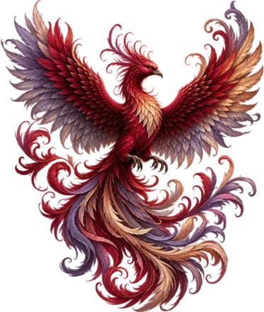 A phoenix illustration with wings spread and a long trailing tail, worked in crimson, amethyst and gold.