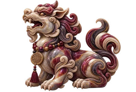 An illustration of Pixiu, a winged lion-like guardian creature with a curling mane and tail, rendered in pale stone tones with crimson detail.