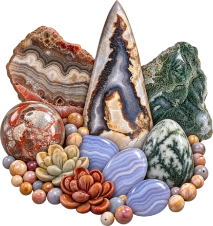 A gathered arrangement of agate specimens — banded slices, moss agate spheres, blue lace and crazy lace pieces in cream, rust and pale blue.