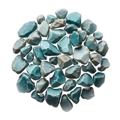 A cluster of amazonite: polished blue-green pieces veined and marbled with white, opaque against near-black.