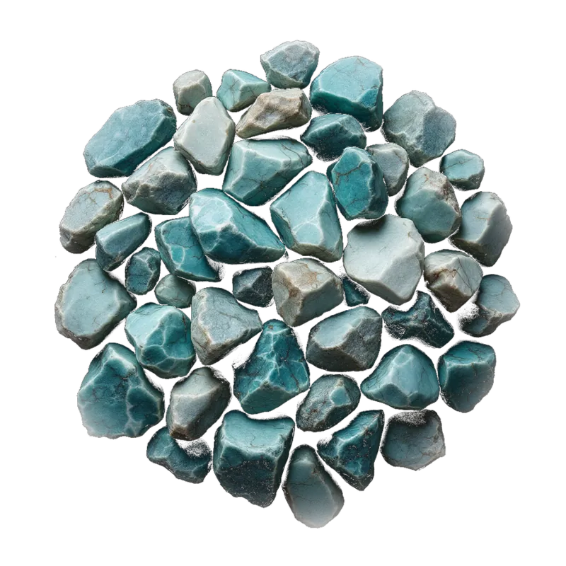 A cluster of amazonite: polished blue-green pieces veined and marbled with white, opaque against near-black.