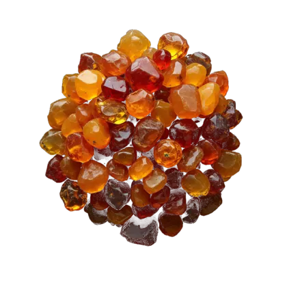 A gathered group of amber: warm honey, orange and cherry-red polished pieces, translucent and glowing against near-black.