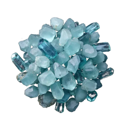 A gathered group of aquamarine: transparent six-sided crystals and polished stones in pale seawater blue and blue-green.