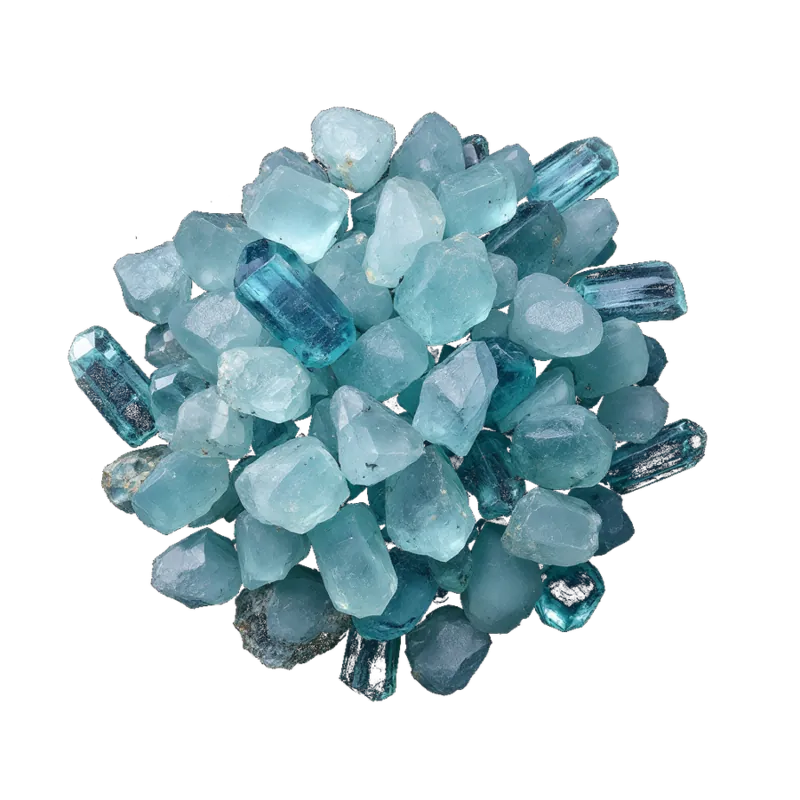 A gathered group of aquamarine: transparent six-sided crystals and polished stones in pale seawater blue and blue-green.