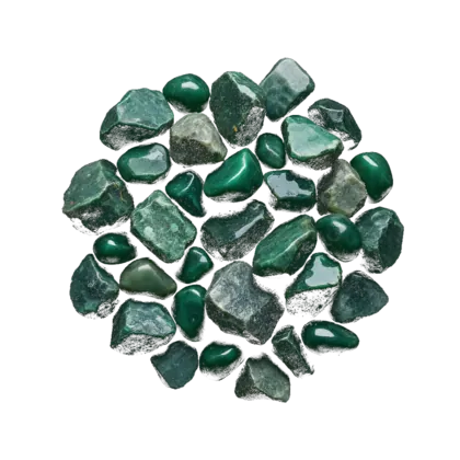 A gathered group of green aventurine: polished tumbled stones and a palm stone, deep green with fine glittering flecks.