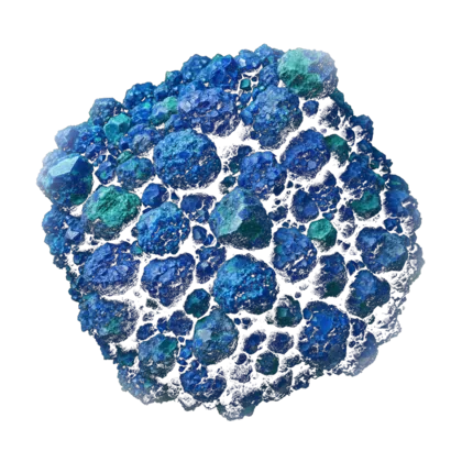 A cluster of azurite: intense deep blue crystals and nodules, some patched with green malachite, against near-black.