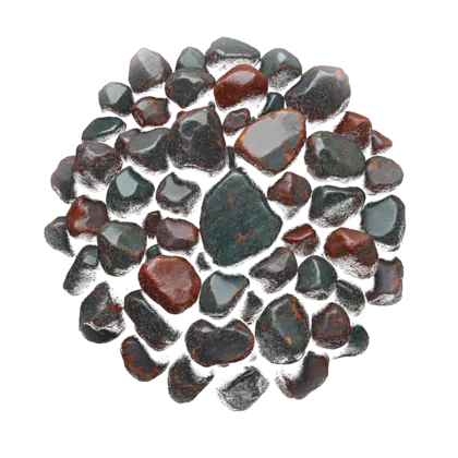 A cluster of bloodstone: dark green polished pieces flecked and streaked with rust red, opaque against near-black.