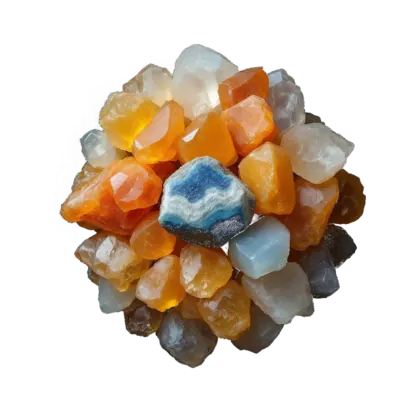 A cluster of calcite: clear rhombs, honey and orange polished pieces and a blue banded chunk, glassy against near-black.