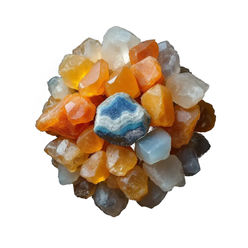 A cluster of calcite: clear rhombs, honey and orange polished pieces and a blue banded chunk, glassy against near-black.