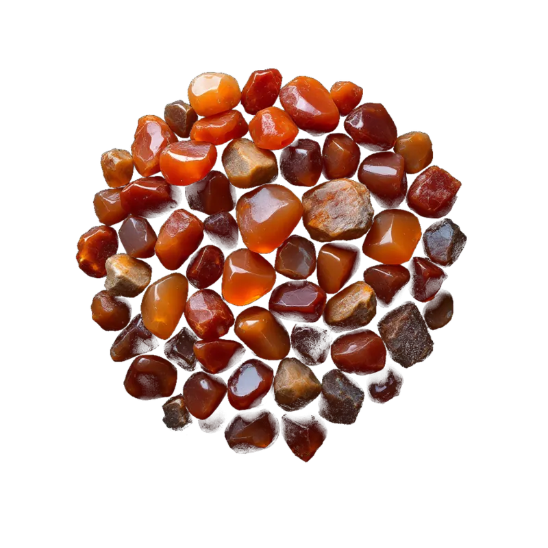 A heaped arrangement of carnelian: translucent tumbled stones and raw pieces glowing in apricot, burnt orange and deep red-brown.