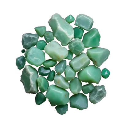 A gathered group of chrysoprase: translucent apple-green polished stones and raw pieces, softly glowing against near-black.