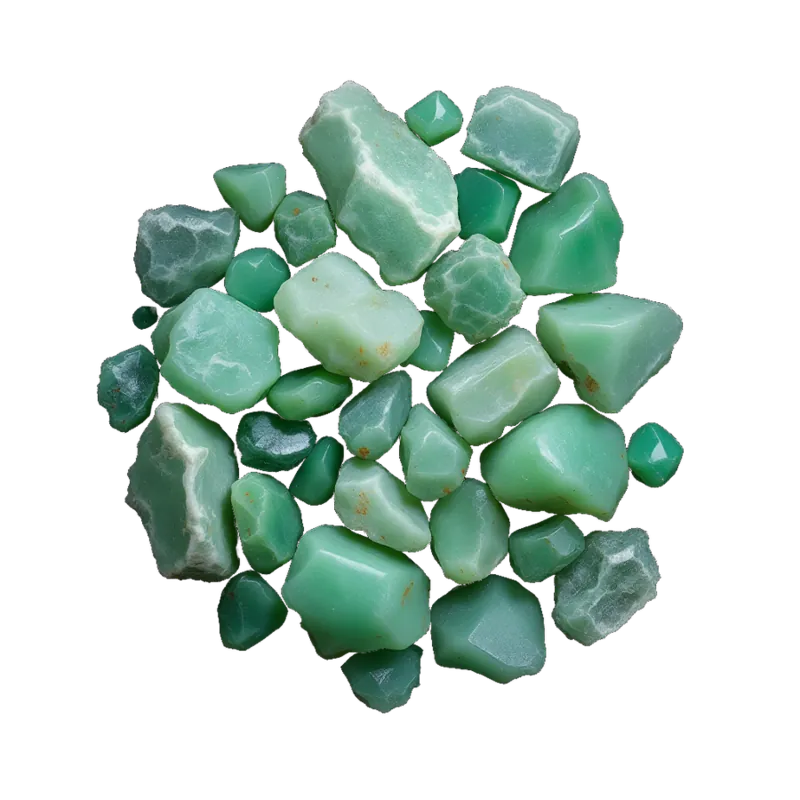 A gathered group of chrysoprase: translucent apple-green polished stones and raw pieces, softly glowing against near-black.