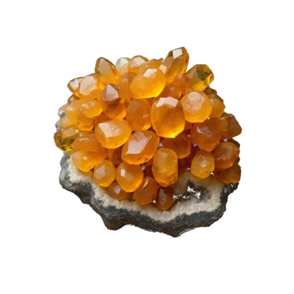 A heaped arrangement of citrine: golden amber points, a geode section and polished tumbled stones in honey and warm orange.