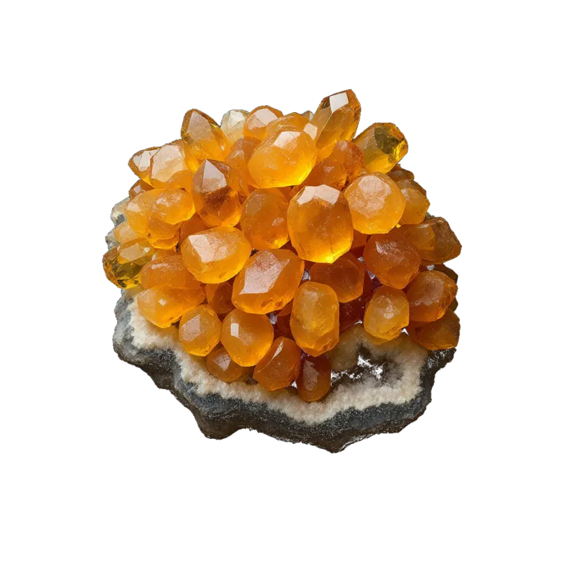 A heaped arrangement of citrine: golden amber points, a geode section and polished tumbled stones in honey and warm orange.