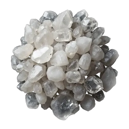 A gathered cluster of clear quartz: raw six-sided points, a druzy plate and several polished pieces, glassy and colourless against near-black.