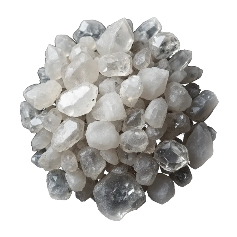 A gathered cluster of clear quartz: raw six-sided points, a druzy plate and several polished pieces, glassy and colourless against near-black.