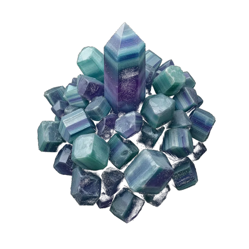 A cluster of fluorite: banded cubes and octahedra in green, purple and blue, glassy and translucent against near-black.