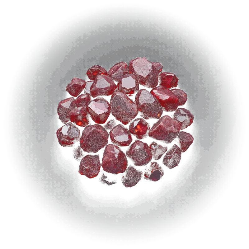 A cluster of garnet: deep red rough crystals in matrix and polished tumbled stones, glowing wine-dark against near-black.