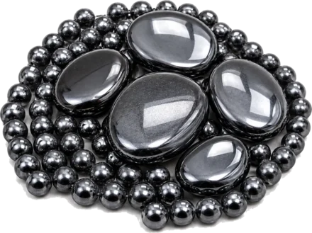 Polished hematite cabochons and beads with a bright metallic sheen, arranged in a dense oval.