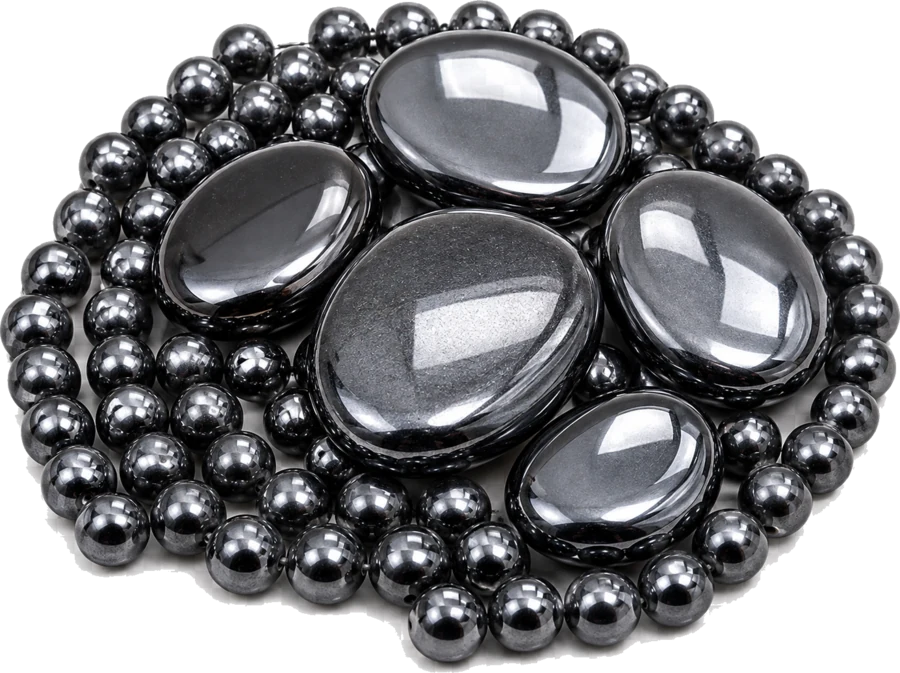 Polished hematite cabochons and beads with a bright metallic sheen, arranged in a dense oval.