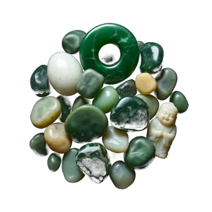 Jade pieces gathered together: a pale mottled egg, a dark green donut disc, a carved guardian figure, a smiling Buddha and two polished tumbled stones.