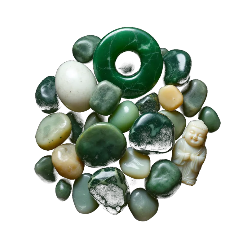 Jade pieces gathered together: a pale mottled egg, a dark green donut disc, a carved guardian figure, a smiling Buddha and two polished tumbled stones.