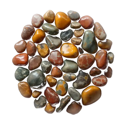 A cluster of jasper: polished pieces in brick red, mustard and mottled green, patterned with orbs, bands and landscape markings.